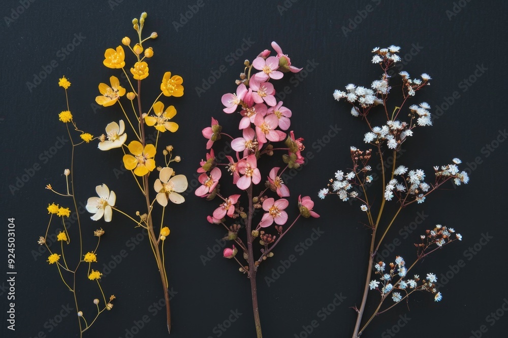 Poster a close-up image of three colorful flowers on a dark, non-reflective surface