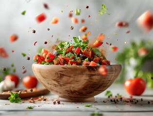 Flying Vegetables in Motion, Close Up Food Photography of Spanish Pisto Ingredients