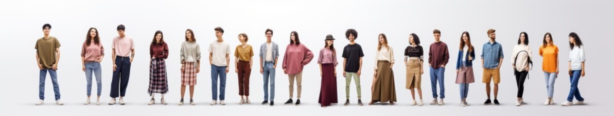 Obraz premium Youthful Camaraderie: A Group of Diverse Young People in Casual Attire Smiling on a White Background, Embodiment of Friendship Concepts.