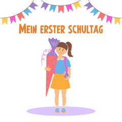 A first grader girl holding a school cone, schultute. Text in German my first day of school. Back to school. Happy preschooler with sweet cone.