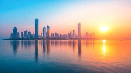 Fototapeta premium Golden sunrise over modern city skyline by the water