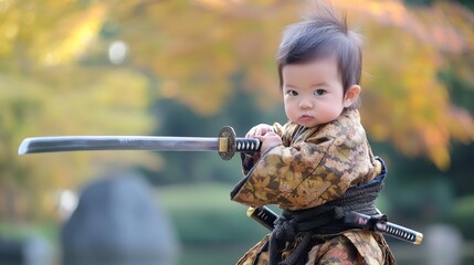 Playful baby samurai in traditional attire, trying to impress you with a tiny sword and a brave look