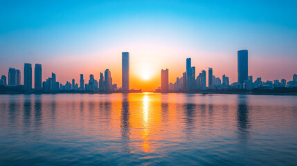 Obraz premium Sun setting over the city skyline, reflected on a lake.
