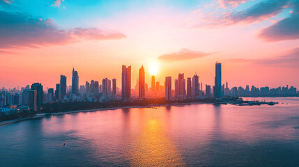 Obraz premium Sunset over city skyline with warm hues and reflections.