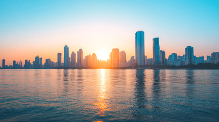 Fototapeta premium Morning city skyline with bright sunlight and reflections