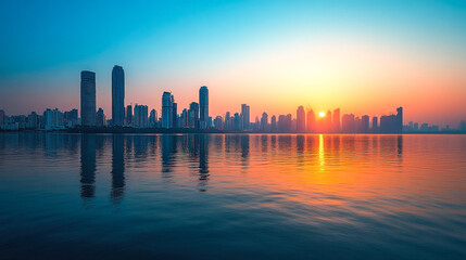 Obraz premium Calm city skyline with sunset reflections, blue sky
