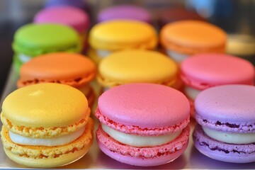 Fototapeta premium Colorful macarons with filling are sitting on a silver tray