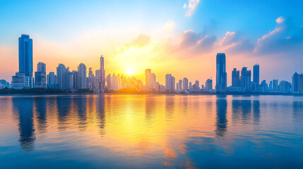 Fototapeta premium Bright city skyline with sunshine and water reflections