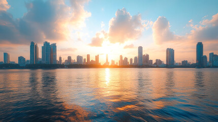 Fototapeta premium Urban skyline during sunset with reflections on water