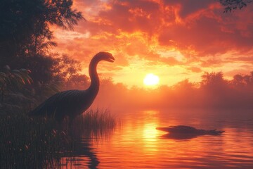 Fototapeta premium Plesiosaur and sarcosuchus enjoying a beautiful sunset over a lake