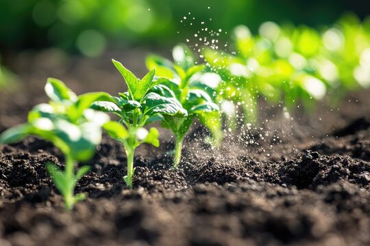 Watering young plants growing in fertile soil