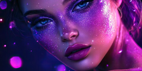 Obraz premium 3D Cartoon Portrait of a Beautiful Woman with Purple Cosmic Colors and Sparkles Body Art Adventure Theme Fashion Makeup Extraordinary