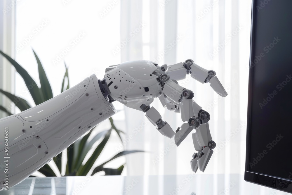 Leinwandbilder A robotic hand extending towards a computer screen, ready to interact with digital content