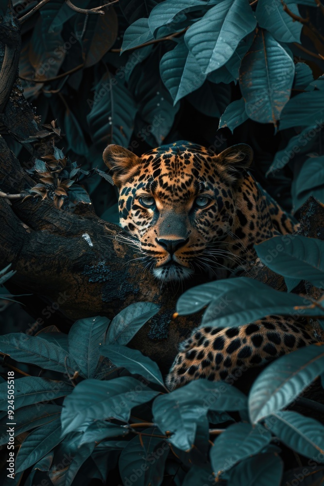 Poster a leopard surrounded by lush green leaves in a natural setting