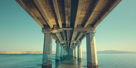 Reinforced concrete bridge structure by the sea View of concrete bridge from below Engineering of concrete bridge construction Contemporary cement bridge featuring robust column design Infr