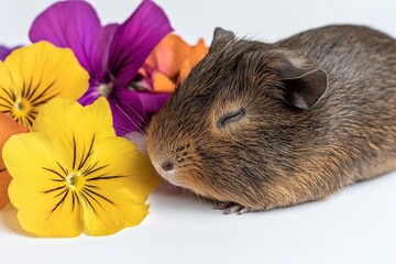 A guinea pig peacefully rests beside colorful pansy flowers, creating a calm and warm atmosphere