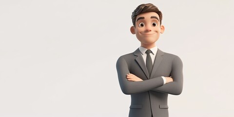 3D cartoon of a young handsome man in a gray suit with crossed arms standing on a plain white background