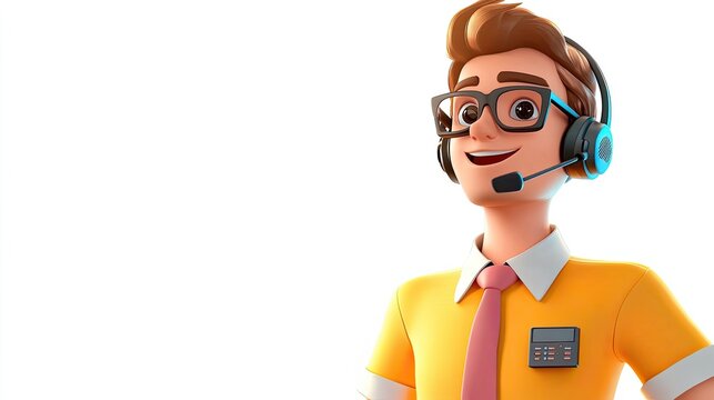 Colorful 3D cartoon call center agent with headset Bright white backdrop
