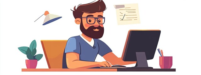Close up of a clever cartoon nutritionist character working on a computer while jotting down notes during a fun consultation session