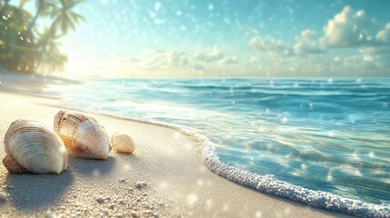 Seashells on a Sandy Beach with Blurred Palm Trees in Background.