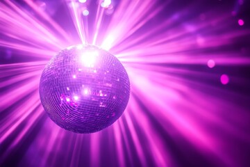 Obraz premium A disco ball on the left side of an abstract background with rays and light effects in purple, pink, and blue colors.
