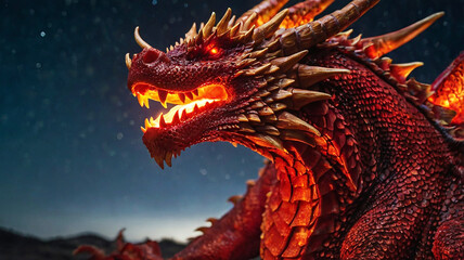 The red dragon's fiery breath ignites the night sky, its heated scales glowing as it unleashes fury