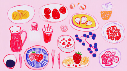 breakfast illustration, including bread, fruit, tea, snacks, fork and plates, trendy design, on pink background