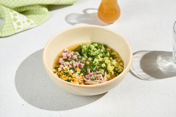 Traditional Russian Okroshka with Kvass - Refreshing Cold Summer Soup