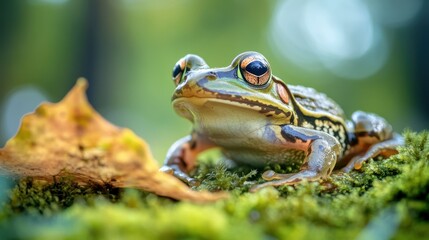 Fototapeta premium Closeup of a green frog on moss.