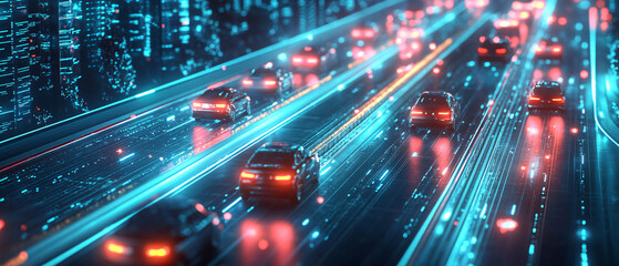 A digital AI-powered traffic management system optimizing city traffic flow with glowing data points and routes