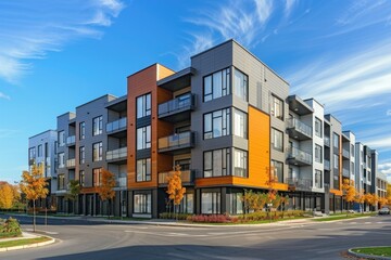 Urban high-rise with multiple stories and apartments, located at a street corner