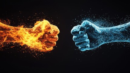 An epic scene of two radiant fists, one ablaze with fiery flames and the other encased in ice, confronting each other in a high-stakes visual confrontation. The fire fist is depicted with swirling,