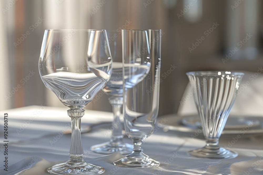 Poster a formal dining table setup with wine glasses and plates, ideal for special occasions or events