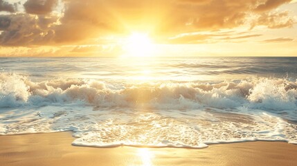 Beach Scene with Sunset Casting Golden Light on Gentle Waves and Sandy Shore