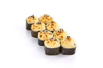 Close-Up of Baked Cheese-Topped Sushi Roll with Shrimp Filling