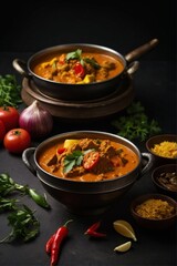 Elegant Curry Meat with Rice and Vegetables on a Dark Background