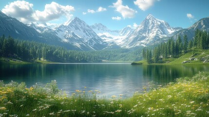 Fototapeta premium Serene Mountain Lake with Snow-capped Peaks