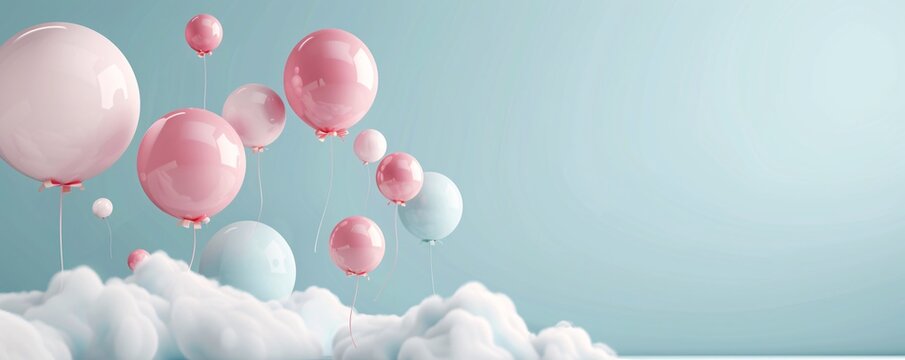 A whimsical 3D background featuring floating clouds and balloons in a clear blue sky, ideal for lighthearted and playful content with ample copy space.