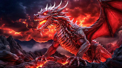 The red dragon's fiery breath ignites the night sky, its heated scales glowing as it unleashes fury