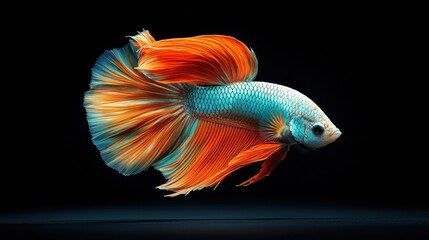 Fototapeta premium Vibrant Siamese Fighting Fish with flowing fins, showcasing rich aqua blue and green colors, set against a deep black background
