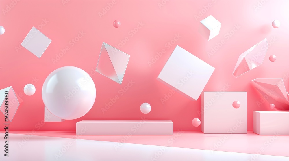Poster a sleek, futuristic 3d background with geometric shapes floating in a gradient space, providing ampl