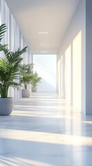 Fototapeta premium Modern Office Interior: A Minimalist Design Featuring Potted Plants on Light Backgrounds, Embracing the Concept of Contemporary Architecture in 3D Render.