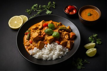 Elegant Curry Meat with Rice and Vegetables on a Dark Background