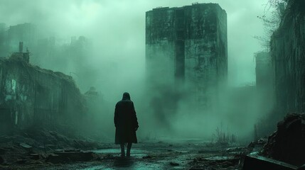 Fototapeta premium A solitary figure walks through a desolate, fog-shrouded city, hinting at a post-apocalyptic world.
