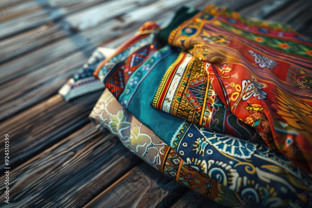 Poster a collection of ties stacked on a wooden table, suitable for use in office or home settings
