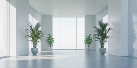 Fototapeta premium Modern Office Interior: A Minimalist Design Featuring Potted Plants on Light Backgrounds, Embracing the Concept of Contemporary Architecture in 3D Render.