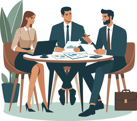 Partners meeting for business discussion with documents and laptop on desk. Couple at round table, speaking, discussing work, partnership. Flat vector illustration isolated on white background