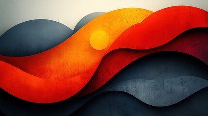 Obraz premium Abstract Wavy Background with Sun and Red, Orange, and Blue Colors.