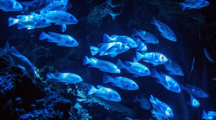 School of Glowing Blue Fish Swimming in Dark Underwater Aquarium with Coral Reefs