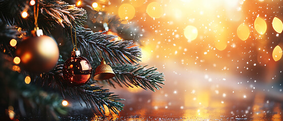 Fototapeta premium A serene and festive ornaments decorated pine tree with a snowy landscape